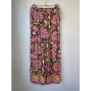 Haute Hippie Style Pants Pink Brown Floral Wide Leg Cropped Rayon Boho Small